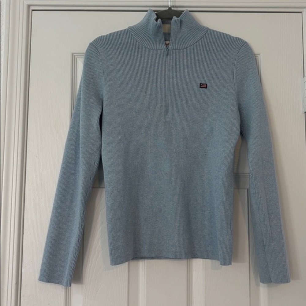 Polo Ralph Lauren Y2K 3/4 Zip Ribbed Long Sleeve Sweater in Heather Baby Blue L